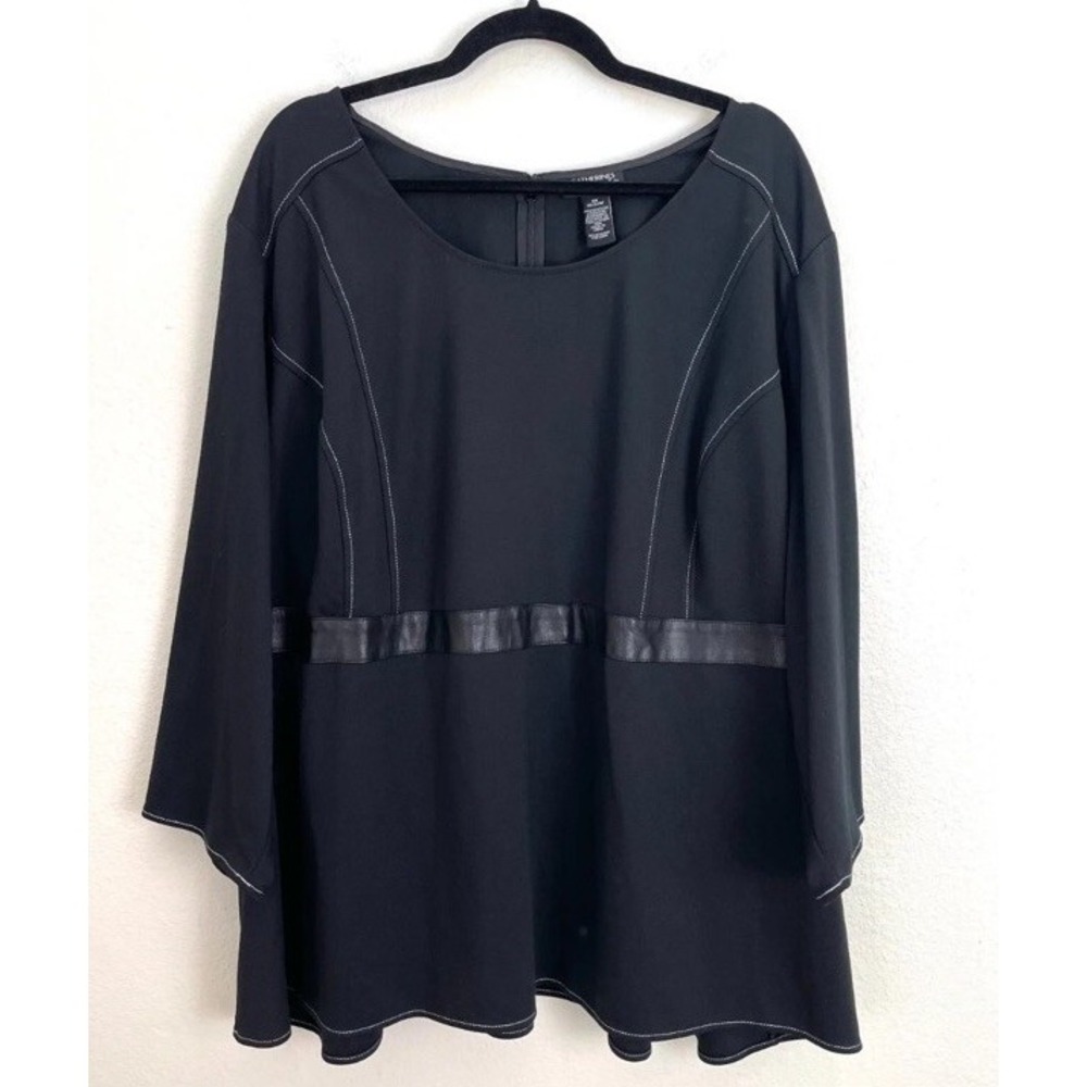Catherines Black Label Womens 0X 14/16 Black Faux Leather Waist Tunic Top Shirt